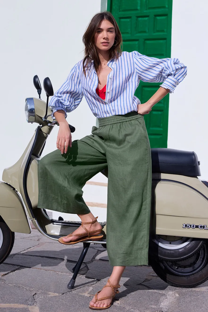WYSE London Linen-Alma Cropped Linen Trouser - Khaki