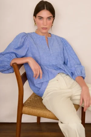 WYSE London Linen-Arlo Blouse - Blue