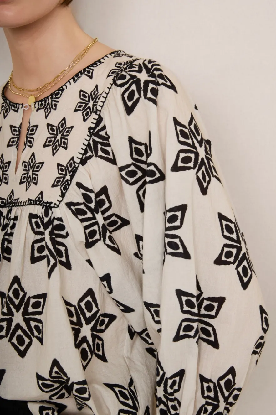 WYSE London Tops-Asley Geo Blouse - Ivory/Black Ikat