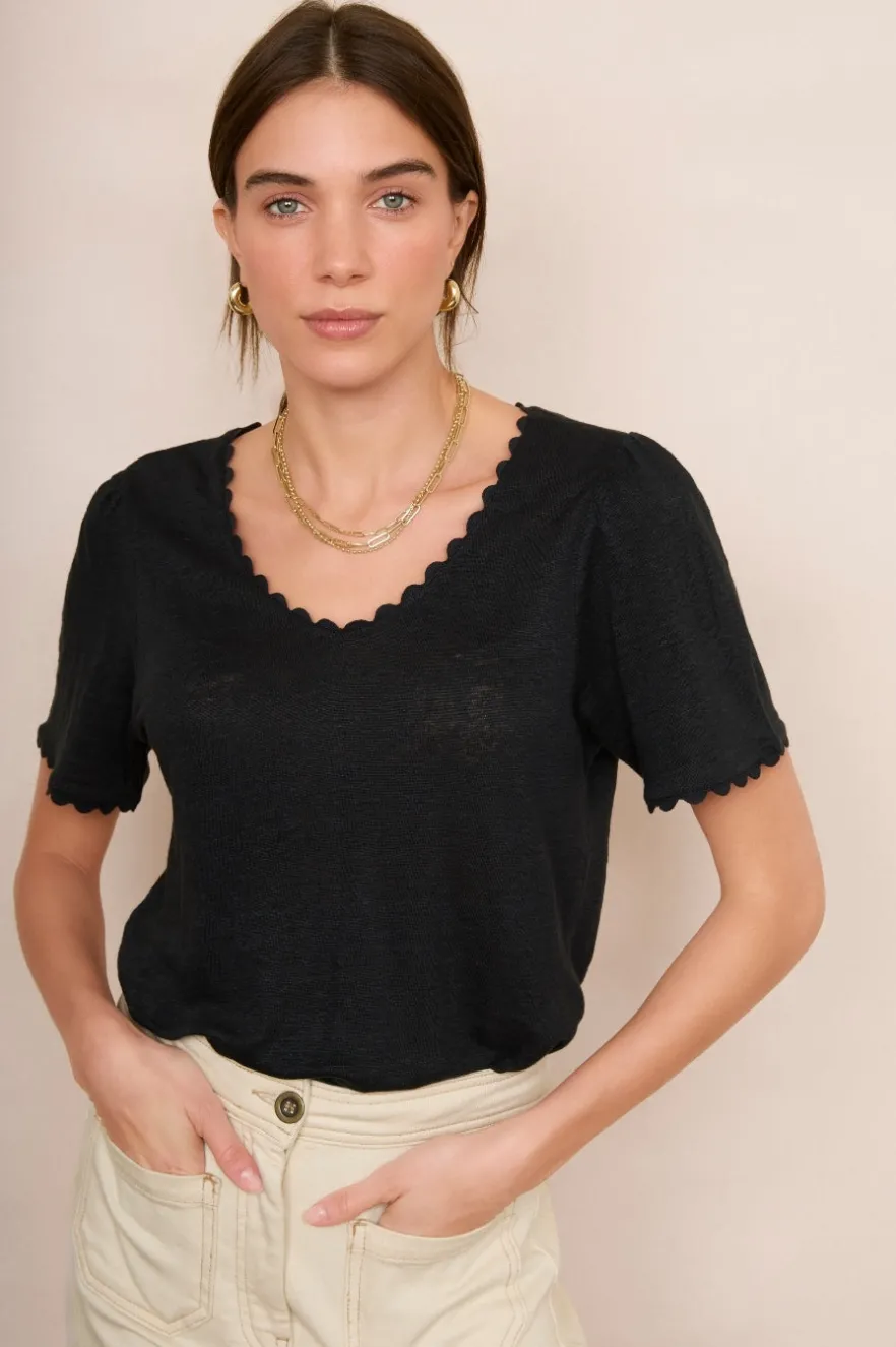 WYSE London Tops-Elyna Ric Rac Linen Tee - Black