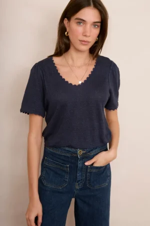 WYSE London Tops-Elyna Ric Rac Linen Tee - Midnight