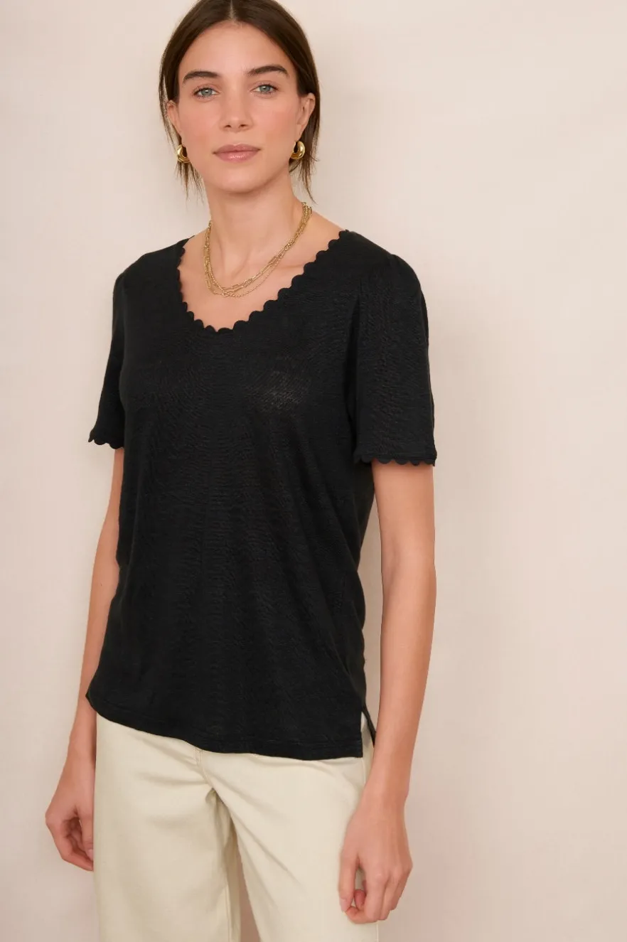 WYSE London Tops-Elyna Ric Rac Linen Tee - Black