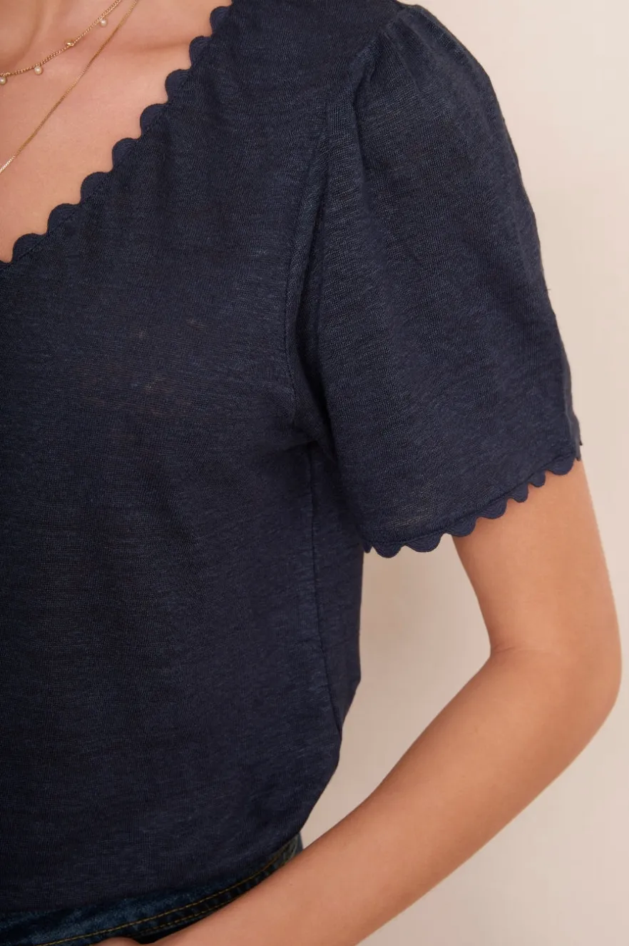 WYSE London Tops-Elyna Ric Rac Linen Tee - Midnight