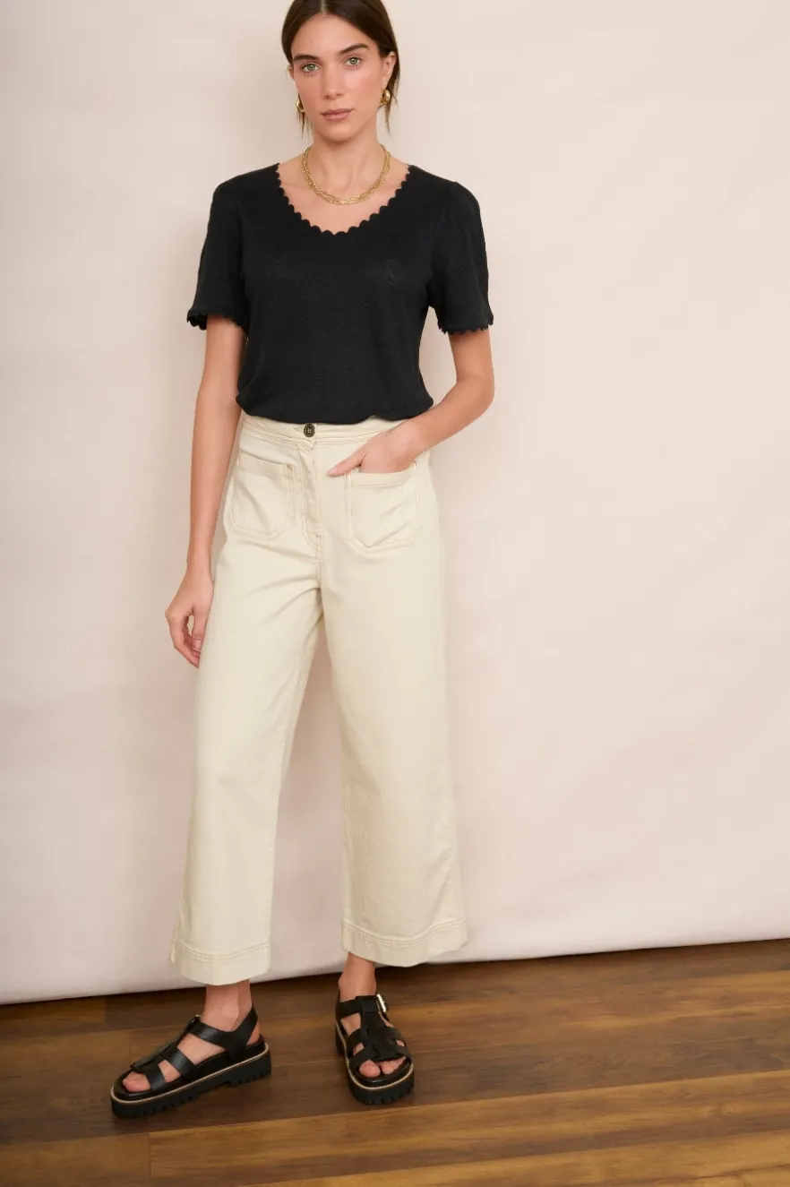 WYSE London Tops-Elyna Ric Rac Linen Tee - Black