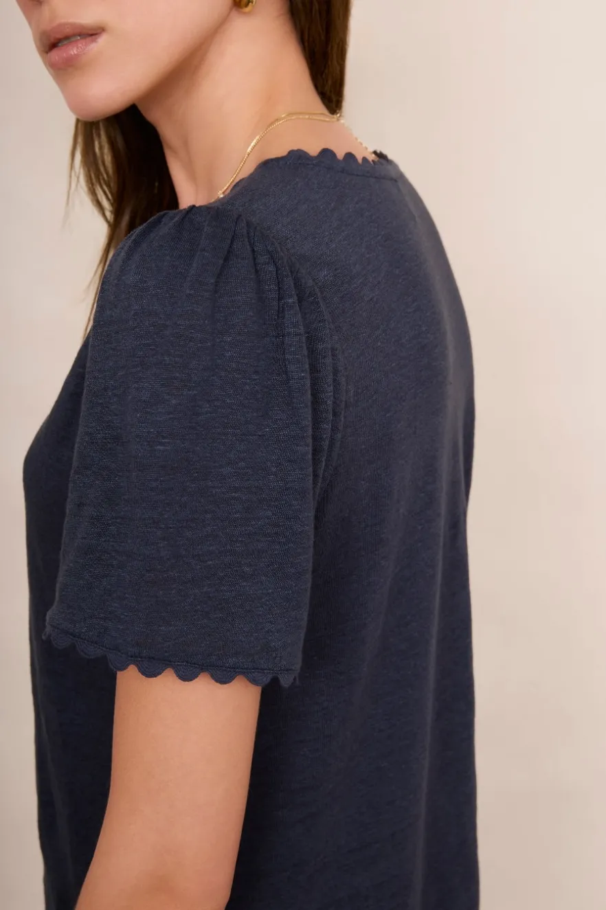 WYSE London Tops-Elyna Ric Rac Linen Tee - Midnight
