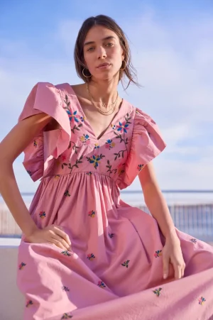 WYSE London Holiday-Emmeline Dress - Pink Embroidered