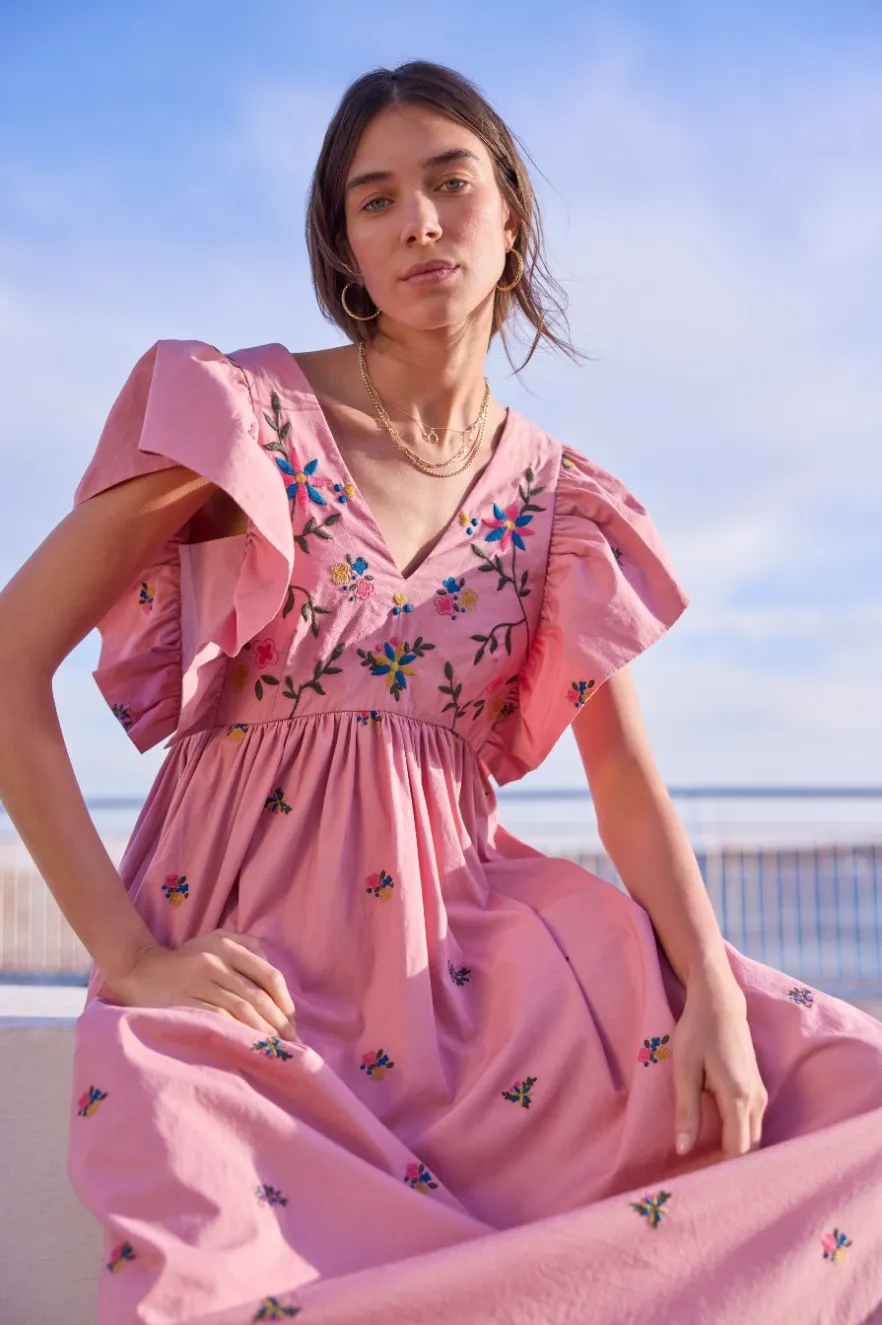 WYSE London Dresses & Jumpsuits-Emmeline Dress - Pink Embroidered
