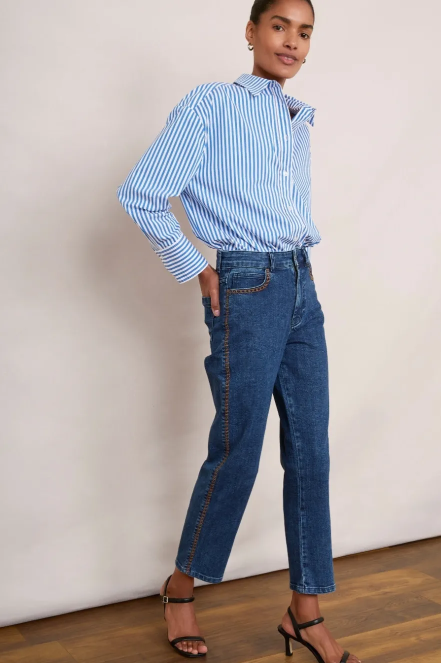 WYSE London Denim-Harper Slim Leg Jean - Embroidered Mid Wash