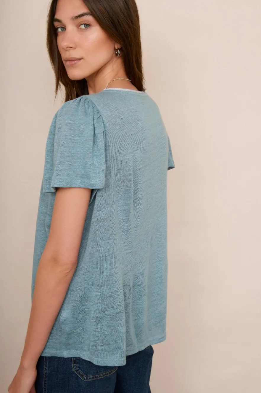 WYSE London Tops-Lily Shimmer Tee - Denim Blue