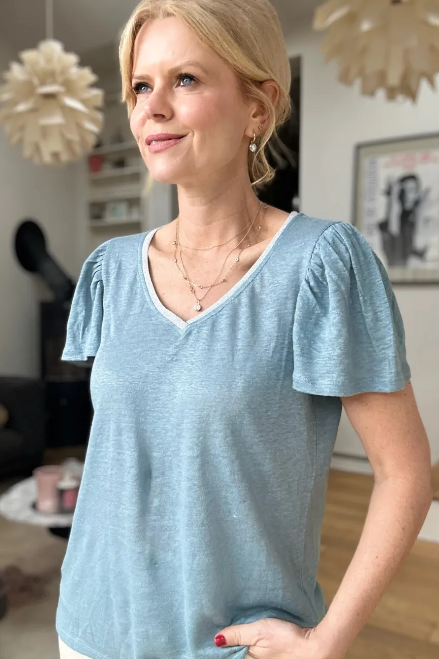 WYSE London Tops-Lily Shimmer Tee - Denim Blue
