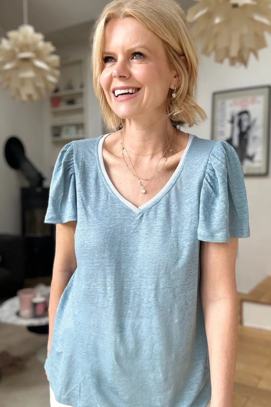 WYSE London Tops-Lily Shimmer Tee - Denim Blue