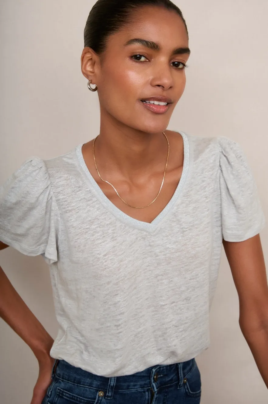 WYSE London Tops-Lily Shimmer Trim Linen Tee - Silver