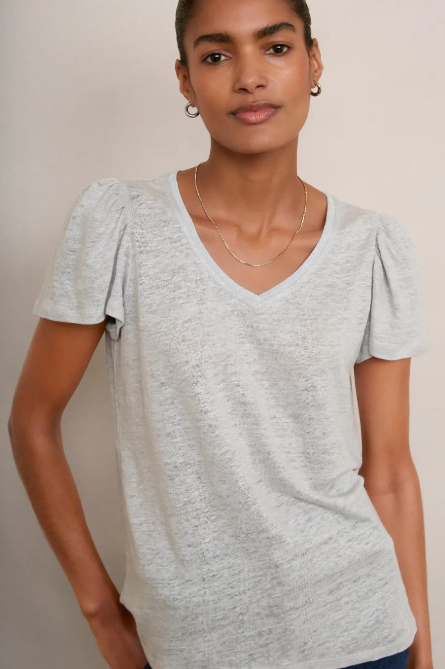 WYSE London Tops-Lily Shimmer Trim Linen Tee - Silver