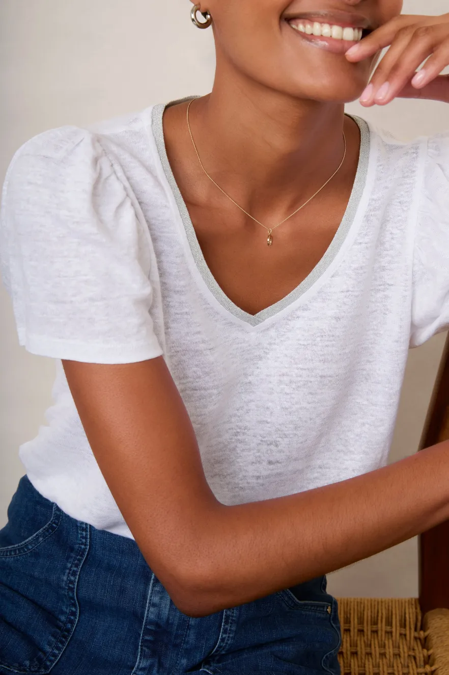 WYSE London Linen-Lily Shimmer Trim Linen Tee - White/Silver