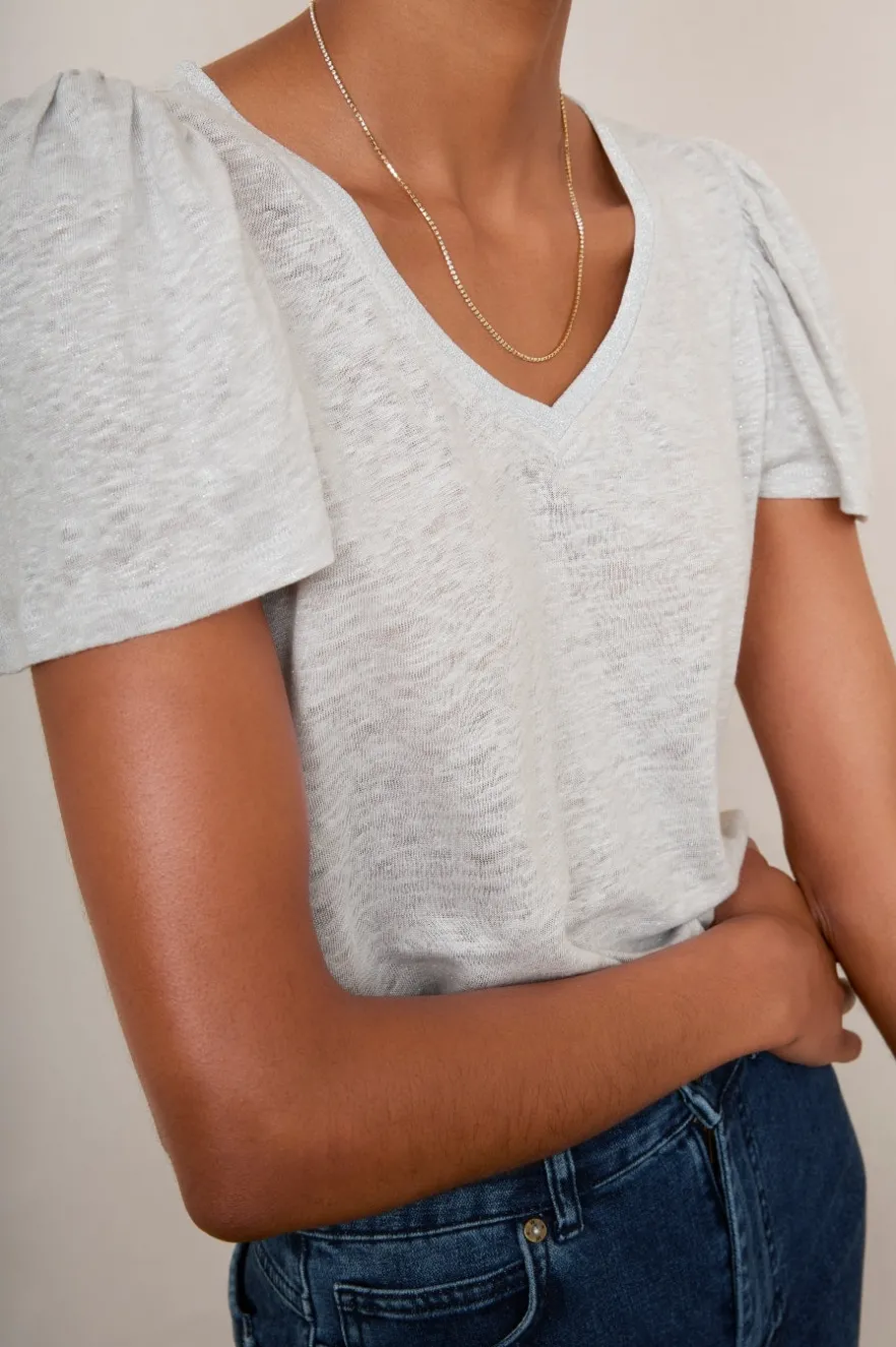 WYSE London Tops-Lily Shimmer Trim Linen Tee - Silver