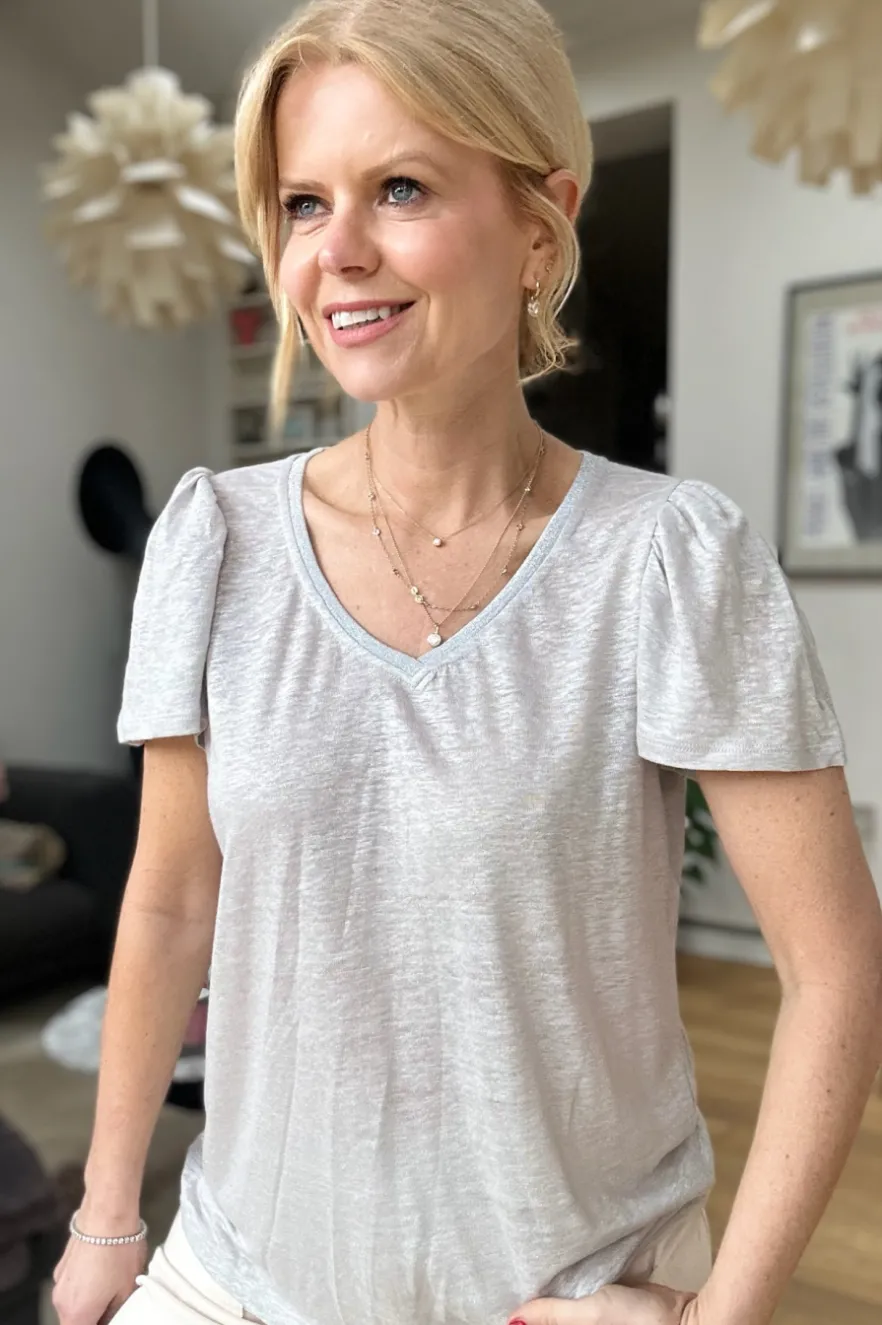 WYSE London Tops-Lily Shimmer Trim Linen Tee - Silver