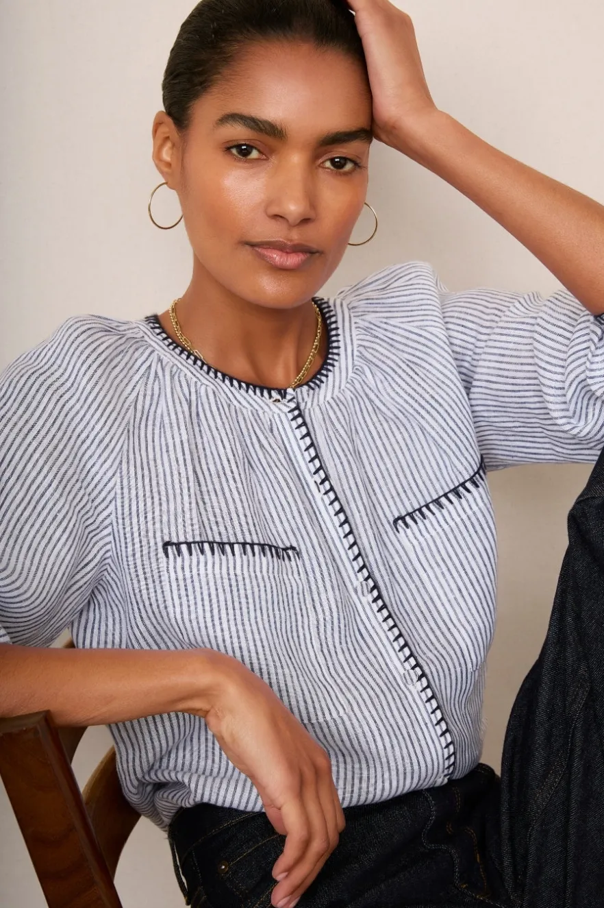 WYSE London Tops-Monica Linen Shirt - Blue/Ivory