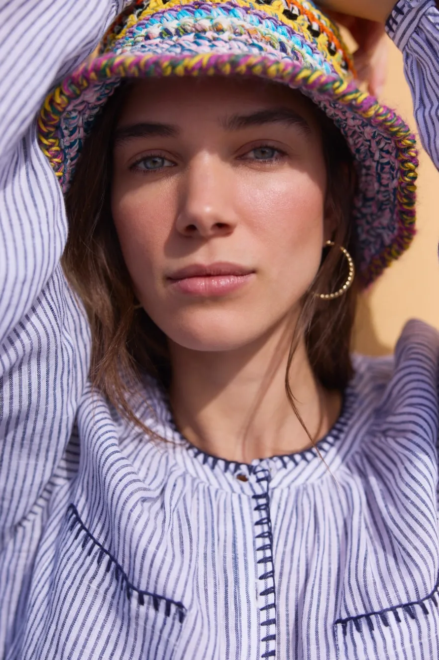 WYSE London Holiday-Monica Linen Shirt - Blue/Ivory
