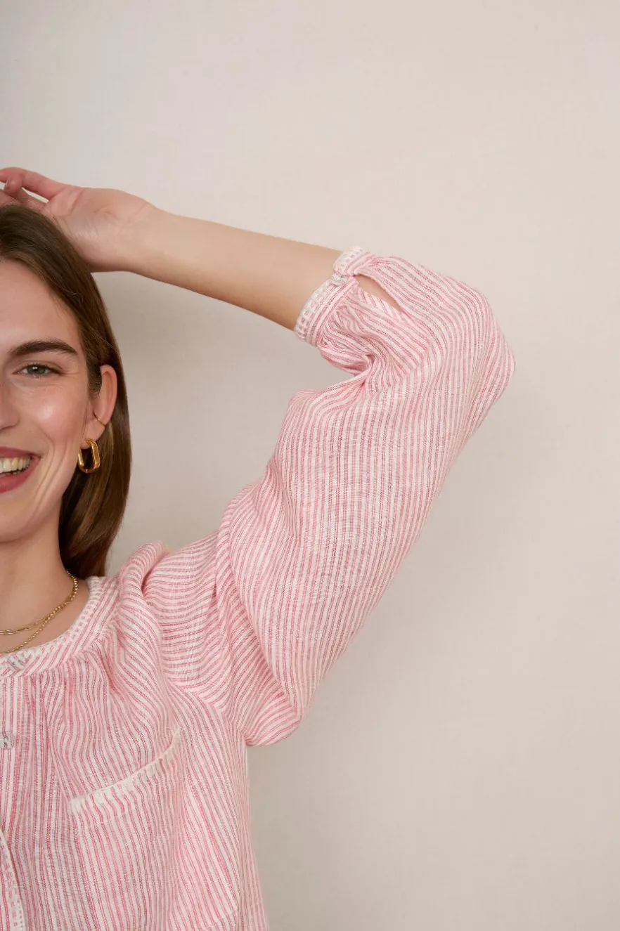WYSE London Tops-Monica Linen Shirt - Pink Stripe