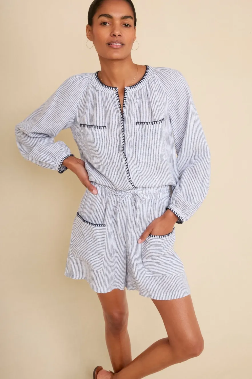 WYSE London Shorts-Monica Linen Short - Ivory/Blue Stripe
