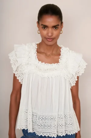 WYSE London Tops-Myla Broderie Top - Ivory