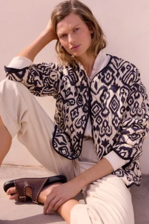 WYSE London Jackets & Outerwear-Olive Quilted Jacket - Ivory/Black Ikat