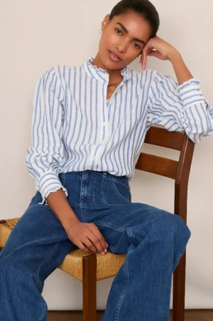 WYSE London Tops-Paris Linen Frill Shirt - Blue Stripe