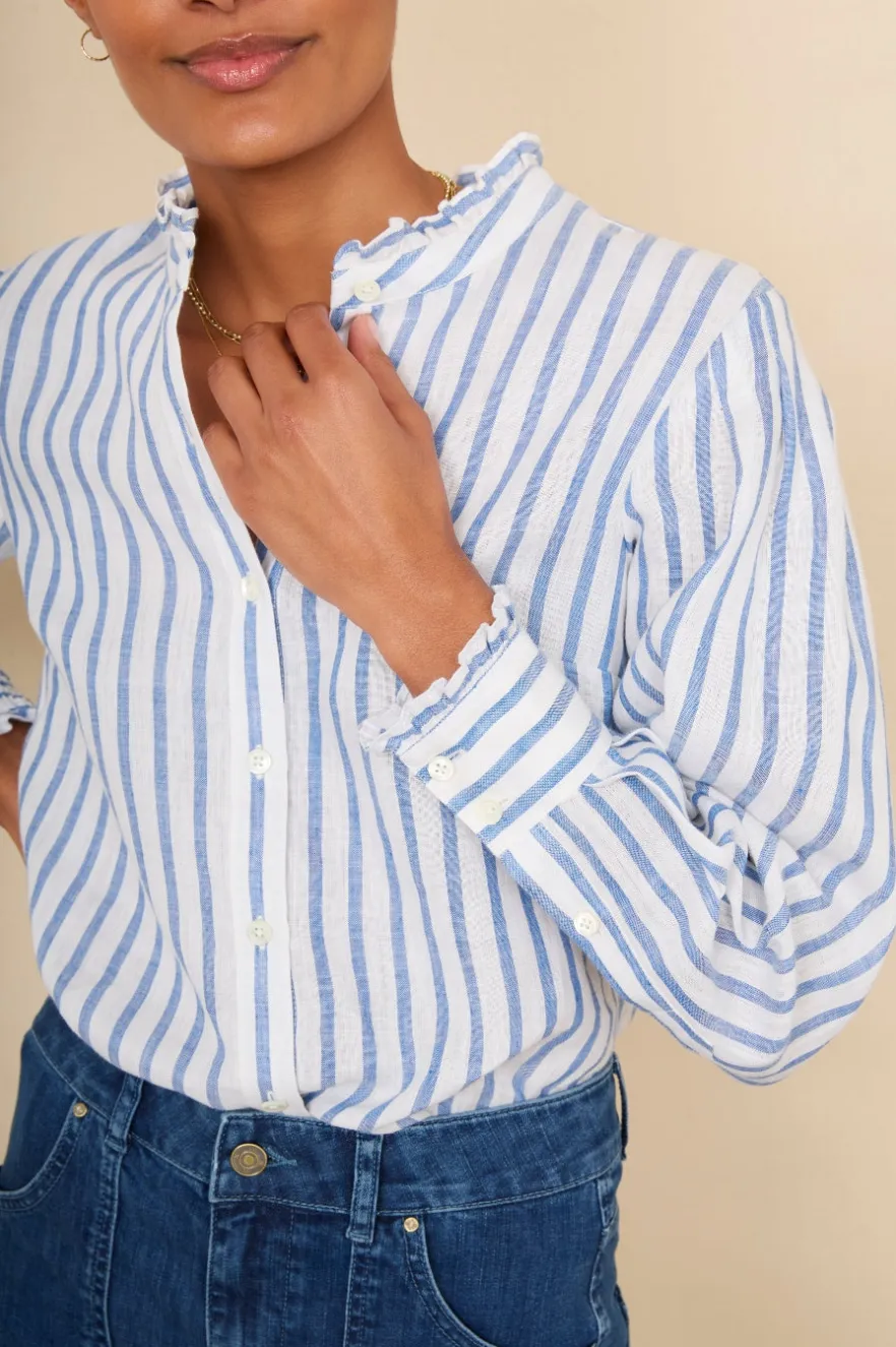 WYSE London Holiday-Paris Linen Frill Shirt - Blue Stripe