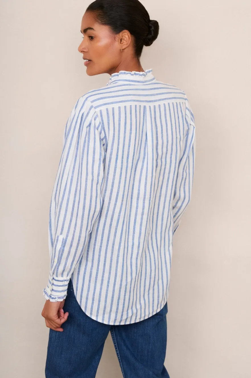 WYSE London Tops-Paris Linen Frill Shirt - Blue Stripe