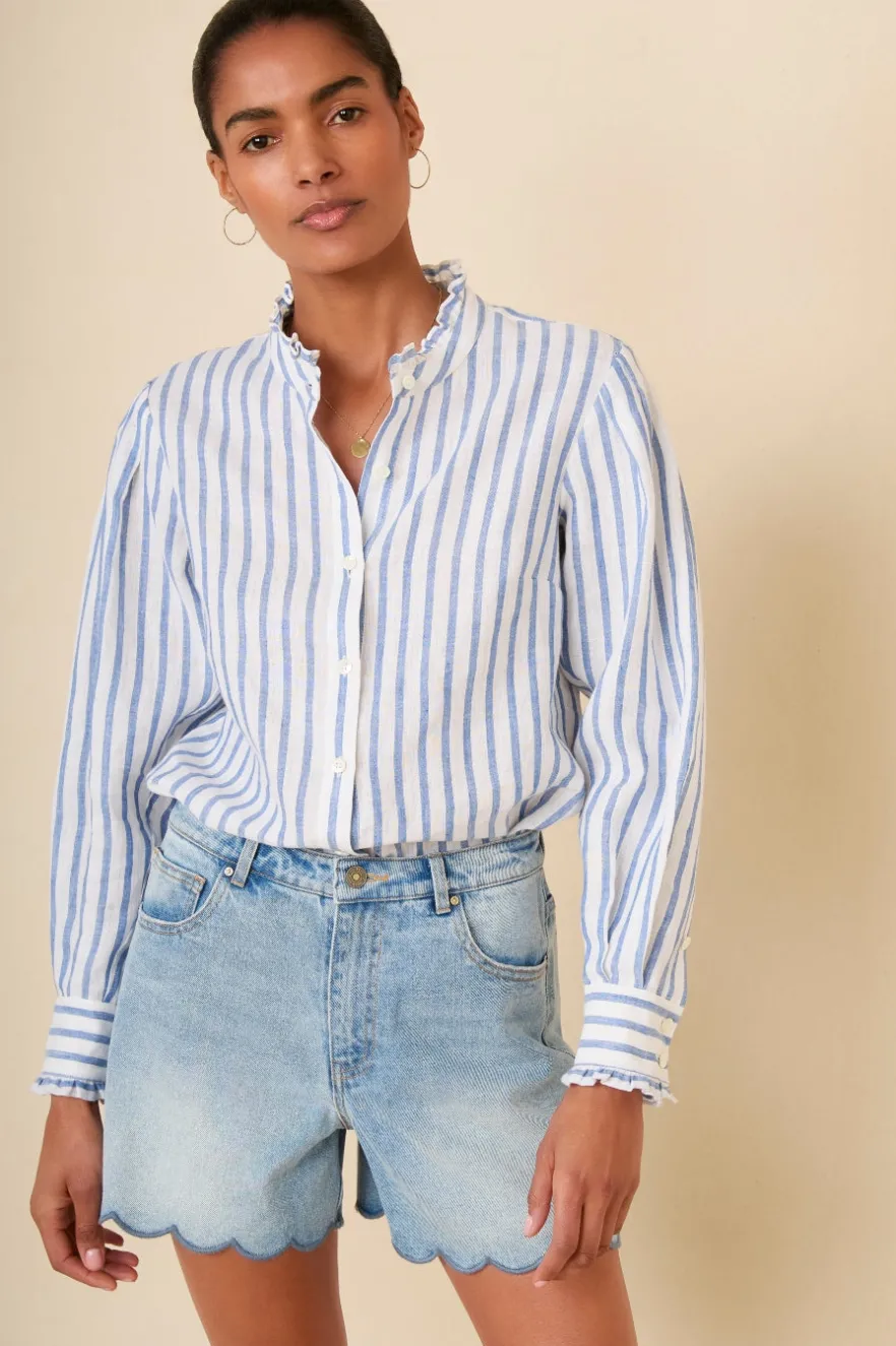 WYSE London Holiday-Paris Linen Frill Shirt - Blue Stripe