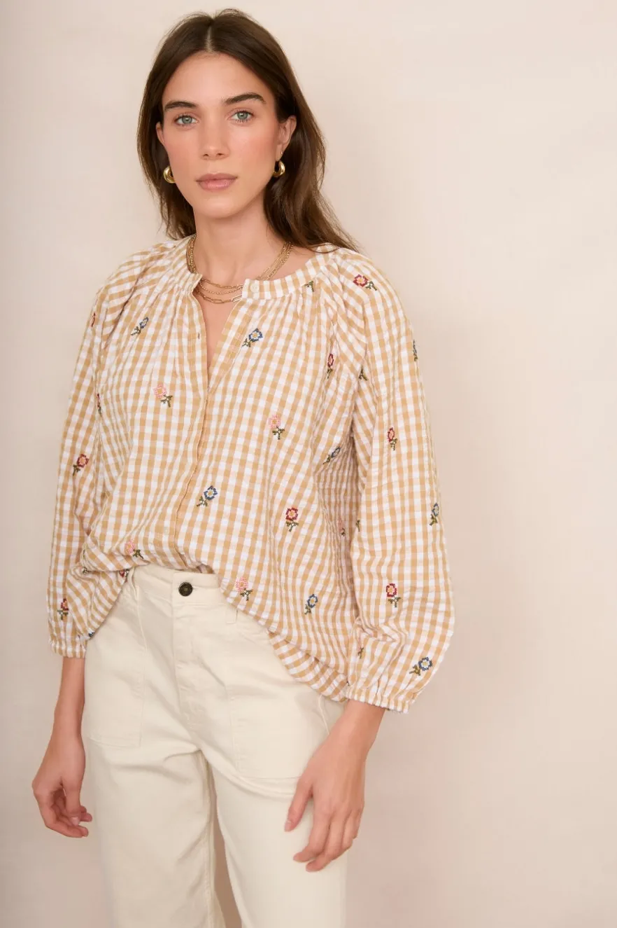 WYSE London Tops-Skylar Blouse - Tan/Ecru
